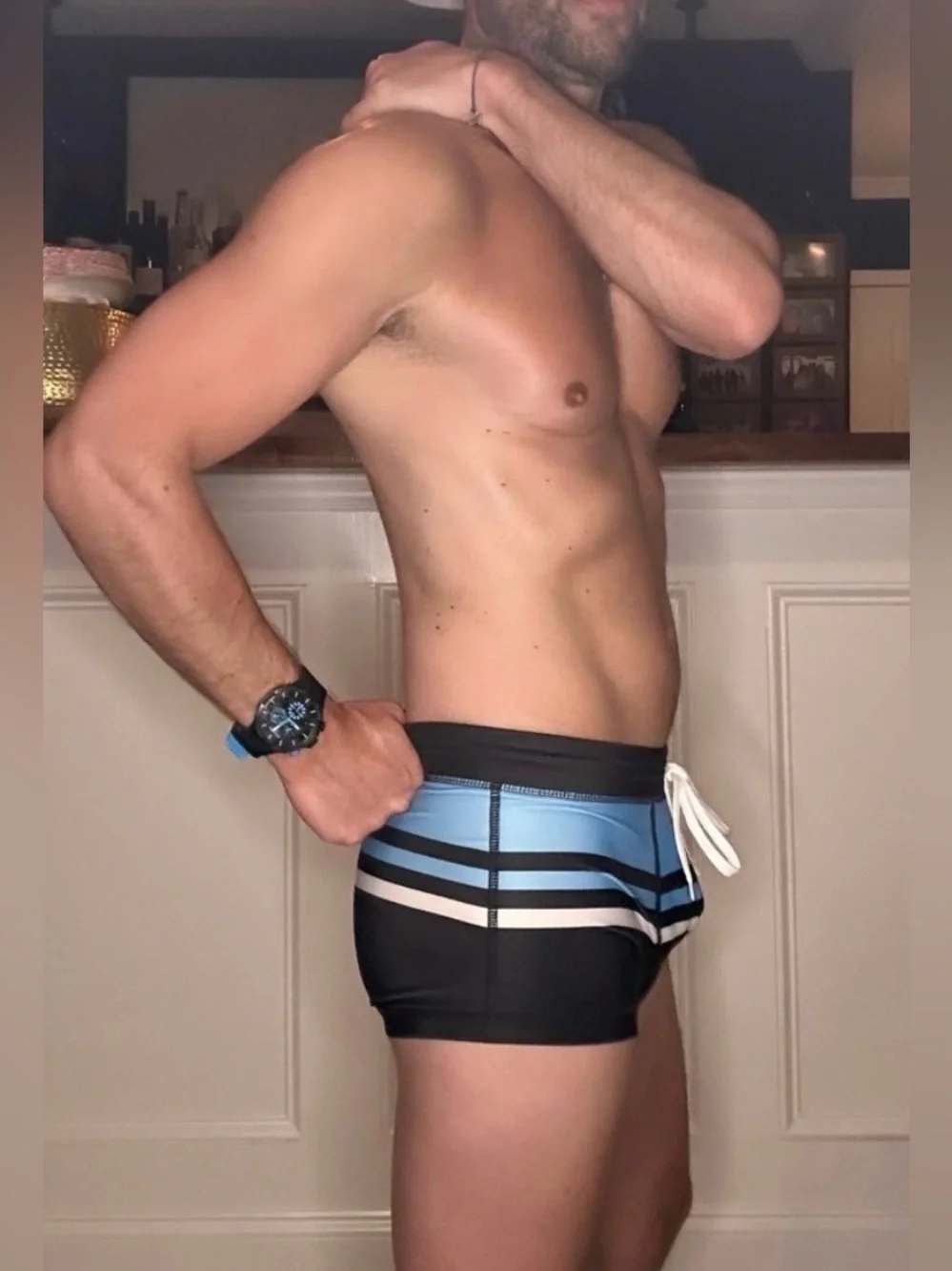 Project 51 | Cassis Square Cut Swim Trunks in Black Red White (Large)